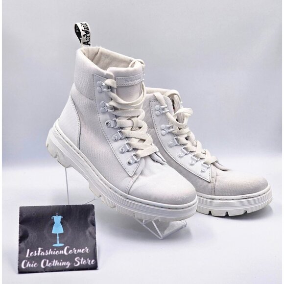 Dr Martens Women White White Canvas Combs Combat Chunky Platform Boots Sz 8 2520 - Picture 3 of 16